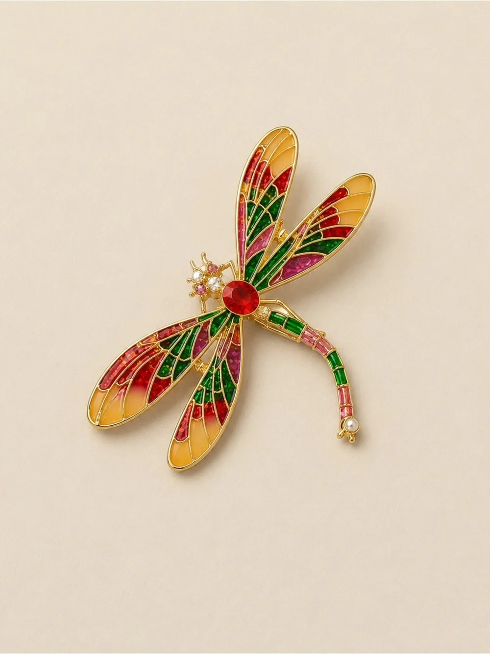 Colorful Dragonfly Brooch Pin - Gold Tone Accent